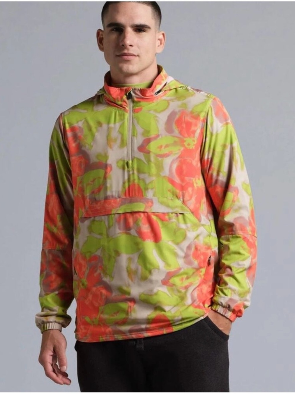 Men's Floral Half-Zip Windbreaker Pullover in Lime & Coral